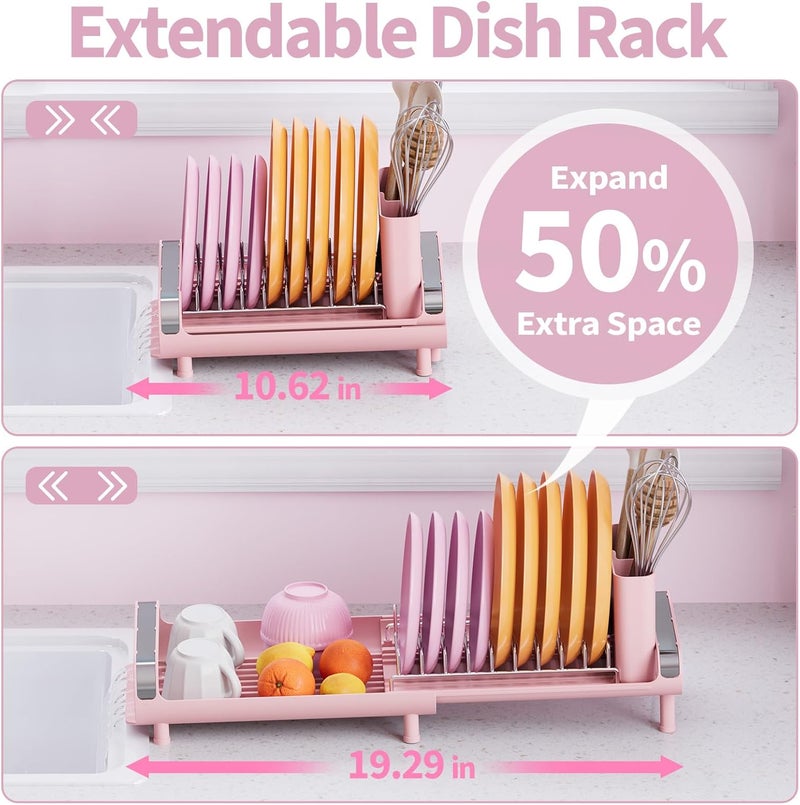 TOOLF Small Dish Drying Rack, Mini Expandable Compact Dish Rack, Slim Extendable Stainless Steel Dish Drainer for Kitchen Plate Storage, Space Saving Dish Strainer in Sink or on Home Countertop, Pink - Image 2